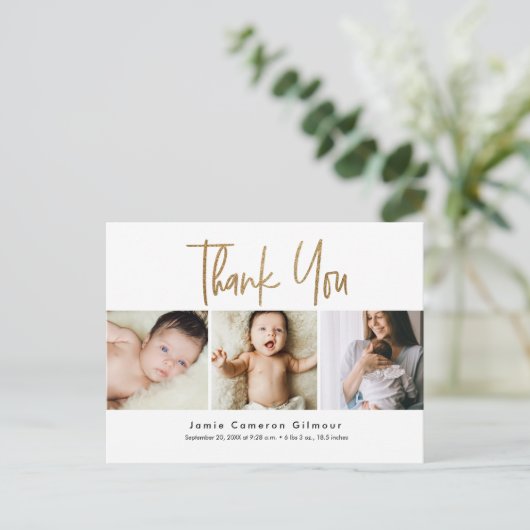 Aangepaste 3 Baby foto's Gold Script geboorte Dank Briefkaart (Staand voorkant)