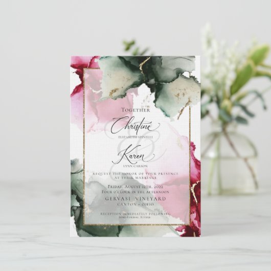 Aangepaste 3 Crimson en Sage Green Waterverf Invit Kaart (Staand voorkant)