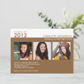 Aangepaste 3 foto bruin afstuderen klasse uitnodig kaart (Staand voorkant)