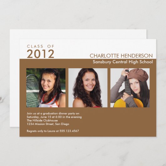Aangepaste 3 foto bruin afstuderen klasse uitnodig kaart (Voorkant / Achterkant)