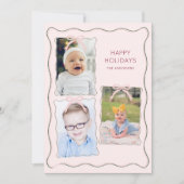 Aangepaste 3 foto collage roze lint golvend kader feestdagenkaart (Voorkant)