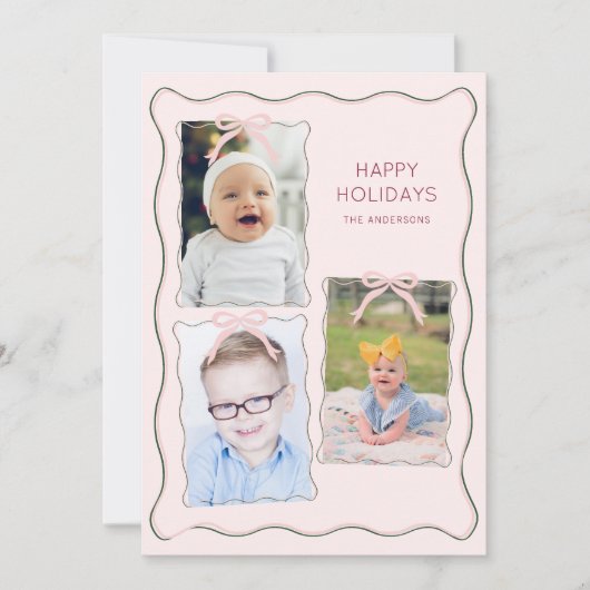 Aangepaste 3 foto collage roze lint golvend kader feestdagenkaart (Voorkant)