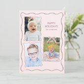 Aangepaste 3 foto collage roze lint golvend kader feestdagenkaart (Staand voorkant)