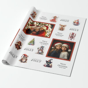 Aangepaste 3 foto kerstkarakters inpakpapier