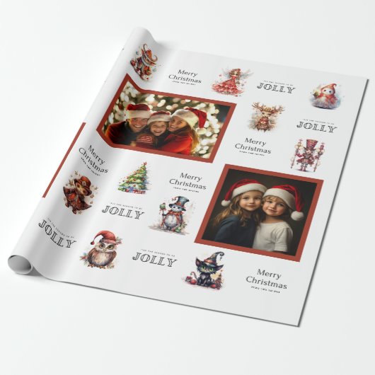 Aangepaste 3 foto kerstkarakters inpakpapier (Uitgerold)