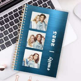 Aangepaste 3-foto tealblauwe geborstelde metalen 2 planner