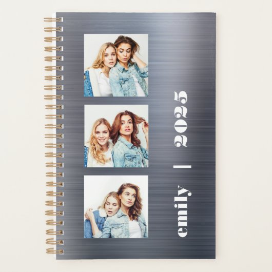 Aangepaste 3-foto Zilver geborsteld metaal 2025 Planner (Voorkant)