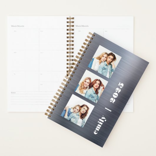 Aangepaste 3-foto Zilver geborsteld metaal 2025 Planner (Display)