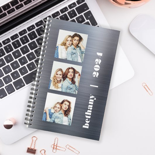 Aangepaste 3-foto zilver geborsteld metalen 2024 planner