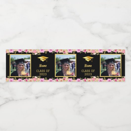 Aangepaste 3 foto's Afstuderen zwart en wereld Waterfles Etiket (Enkel label)