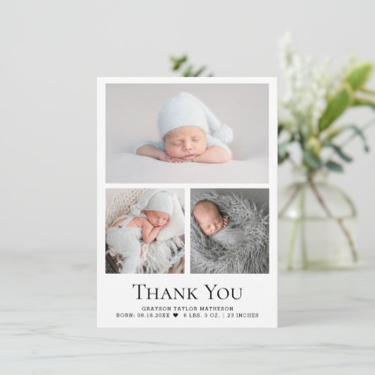 Aangepaste 3 Foto's Geboorteaankondiging Baby Boy Bedankkaart (Staand voorkant)