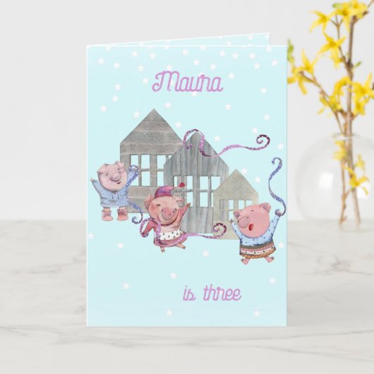Aangepaste 3 'Little Pigs Birthday'-viering Kaart (Gele Bloem)