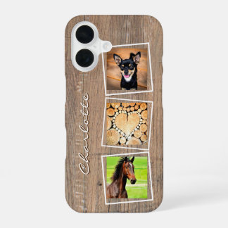 Aangepaste 3 Photo Collage Rustic Wood Monogram Na iPhone 16 Hoesje