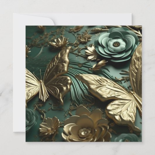 Aangepaste 3D Diepe Groene Bloemen & Gouden Vlinde (Voorkant)