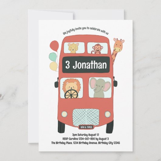 Aangepaste 3e Verjaardag Wild en Drie Safari Bus B Kaart (Voorkant)