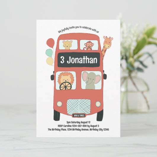 Aangepaste 3e Verjaardag Wild en Drie Safari Bus B Kaart (Staand voorkant)
