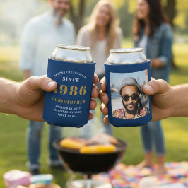 Aangepaste 40e verjaardag Blauw Goud Met Foto Blikjeskoeler