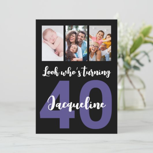 Aangepaste 40e verjaardag zwart script foto collag kaart (Staand voorkant)