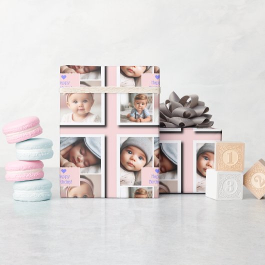 Aangepaste 4-Foto Baby Verjaardag, Douche, Roze, P Cadeaupapier (Baby Shower)