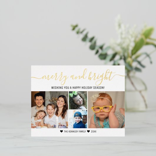 Aangepaste 4 foto collage Goud Zalig Kerstmis   Folie Feestdagen Briefkaart (Staand Voorkant)
