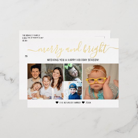 Aangepaste 4 foto collage Goud Zalig Kerstmis   Folie Feestdagen Briefkaart (Voorkant / Achterkant)