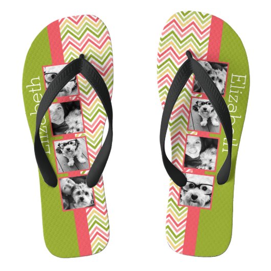 Aangepaste 4 foto collage limoen en koraal chevron teenslippers (Voetbed)