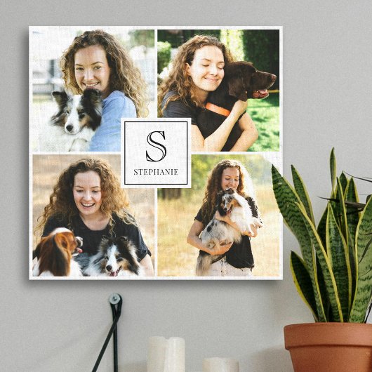 Aangepaste 4 foto collage met monogram en naam canvas afdruk