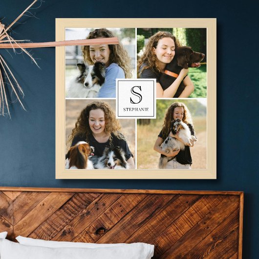 Aangepaste 4 foto collage met monogram en naam poster
