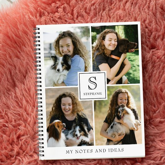Aangepaste 4 foto collage met monogram naam en tek notitieboek