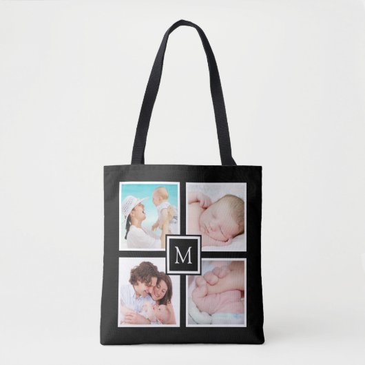 Aangepaste 4 foto collage monogram zwart tote bag (Voorkant)