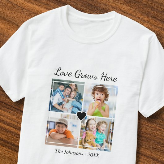 Aangepaste 4 foto Familienaam Liefde Groeit Hier Q T-shirt