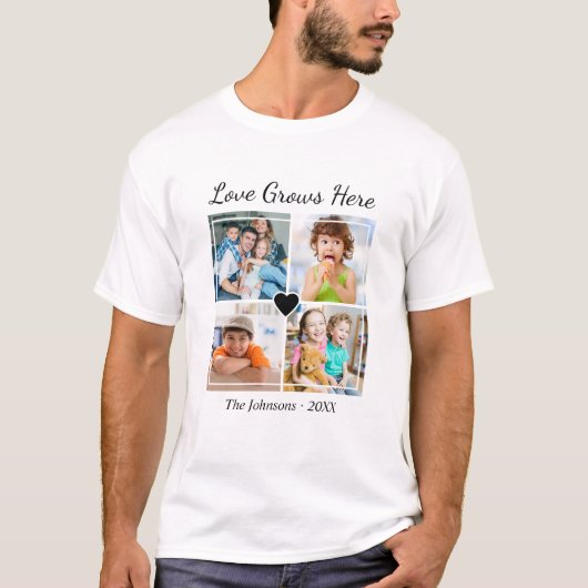 Aangepaste 4 foto Familienaam Liefde Groeit Hier Q T-shirt (Voorkant)