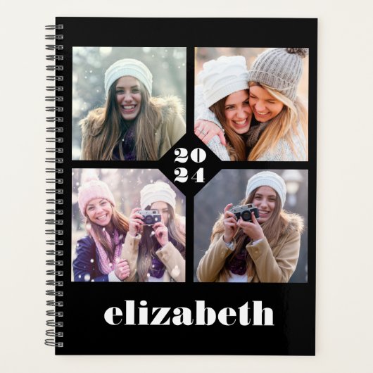 Aangepaste 4-foto gepersonaliseerde zwart wit 2024 planner (Voorkant)