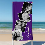 Aangepaste 4 foto-inkuilfilmstrips Paars Strandlaken<br><div class="desc">Aangepaste 4 fotocollage film Strip Paarse doorbraakhanddoek. Pas dit aangepaste ontwerp aan met vier familiefoto's en jouw naam.</div>