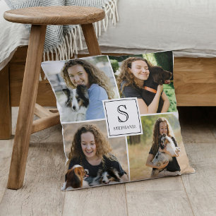Aangepaste 4 Multi Foto Collage Monogram & Naam Kussen