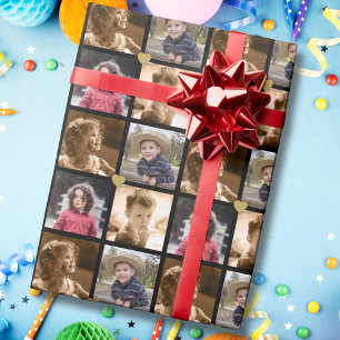 Aangepaste 4 vierkante fotocollage zwart en goud cadeaupapier