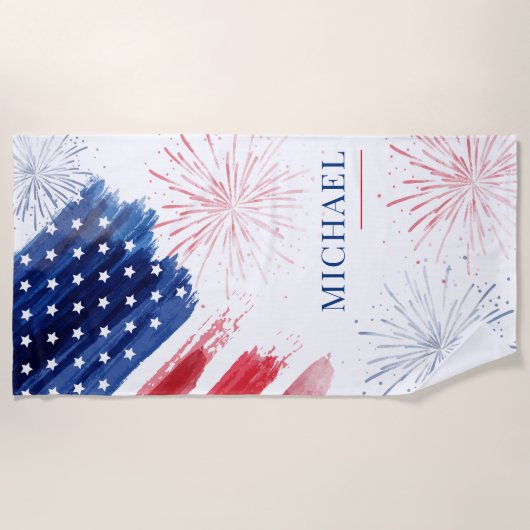 Aangepaste 4th of July Strandreis Rood Wit Blauw Strandlaken (Voorkant)