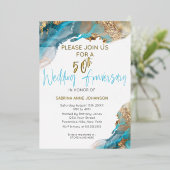 Aangepaste 50e 2 Jubileum Blauwgroen en Goud Abstr Folie Feestdagenkaart (Staand Voorkant)