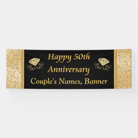 Aangepaste 50e Jubileum banner, zwart, goud Spandoek (Horizontaal)