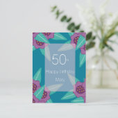 aangepaste 50e verjaardag floral blue name modern feestdagenkaart (Staand voorkant)