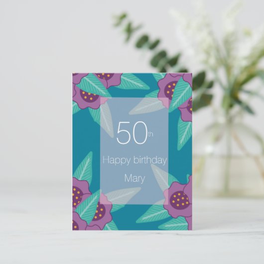 aangepaste 50e verjaardag floral blue name modern feestdagenkaart (Staand voorkant)