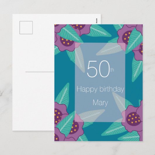 aangepaste 50e verjaardag floral blue name modern feestdagenkaart (Voorkant / Achterkant)