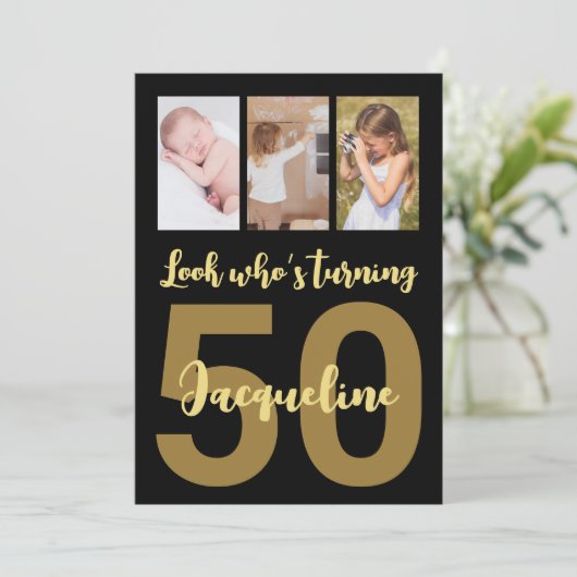 Aangepaste 50e verjaardag Gouden moderne fotocolla Kaart (Staand voorkant)
