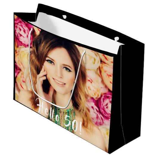 Aangepaste 50e verjaardag hallo 50 groot cadeauzakje (Voorkant Gekanteld)