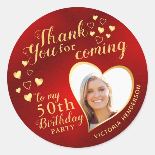 Aangepaste 50e verjaardag Rood en Goud Dank U wel Ronde Sticker (Voorkant)