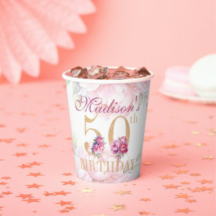 Aangepaste 50ste verjaardag Floral Pink Gold Glitt Papieren Bekers