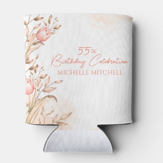 Aangepaste 55e verjaardag perzik bloemige tulpen blikjeskoeler (Achterkant)