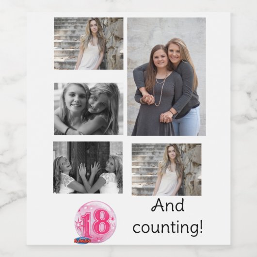 Aangepaste 5 fotocollage | 18e verjaardag wijn etiket (Enkel label)