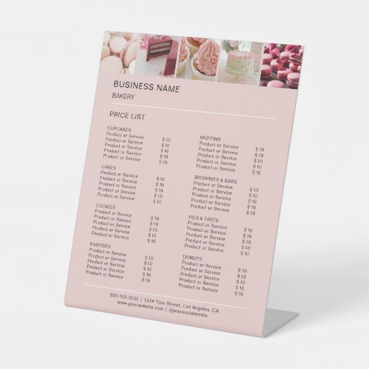 Aangepaste 5 Foto's Bakkerij Roze Prijslijst Reclamebord Met Voetstuk (Voorkant)