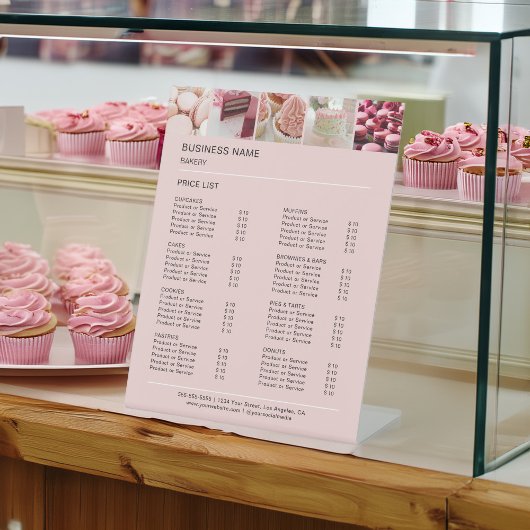 Aangepaste 5 Foto's Bakkerij Roze Prijslijst Reclamebord Met Voetstuk